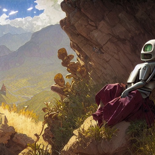 A Stable Diffusion generated picture of a robot reclining on a mountainside.